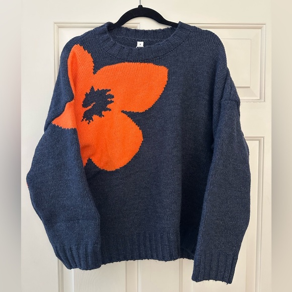 Sweaters - Navy Blue Sweater with Orange Floral Design